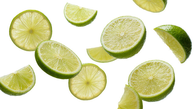 Fresh green lime slices and wedges scattered, isolated on transparent background