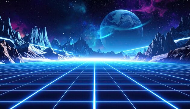 Retro Futuristic Landscape with Neon Grid and Distant Planet