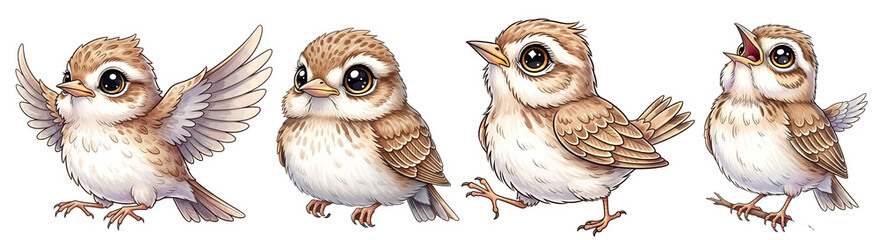 Obraz premium Four adorable baby sparrows in various cute poses showing wings and singing expressions illustrated as icons on transparent background