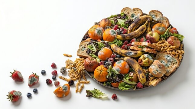 Plate of wasted decaying food on white background. Heap of rotting fruits, vegetables, bread and pasta representing food waste. Environmental impact issue and excessive consumption concept.