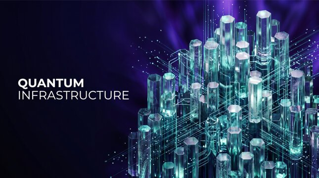 Quantum Infrastructure abstract 3D hexagonal pillars in digital technology network background. Futuristic blue and purple neon light blocks for AI computing, data storage, and blockchain server tech.
