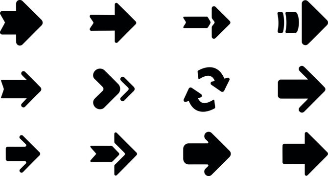 set of black directional arrows pointing right flat design vector illustration