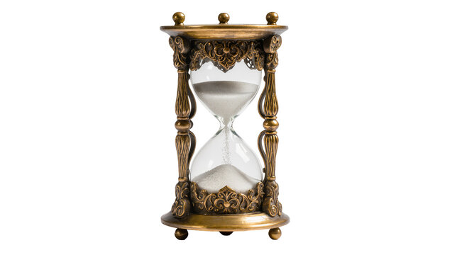Antique ornate brass hourglass with white sand, isolated on transparent background