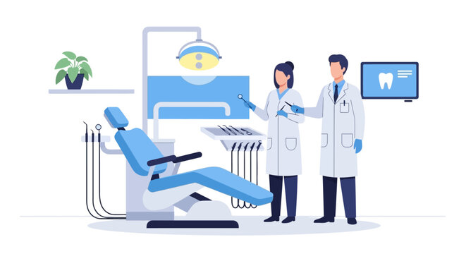 Two dentists in a modern dental clinic examining a patient's teeth on a digital screen.