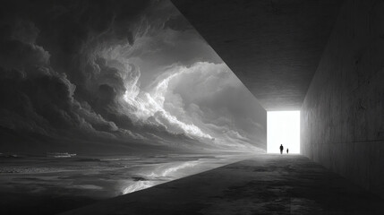 Fototapeta premium Dramatic hallway with ocean view