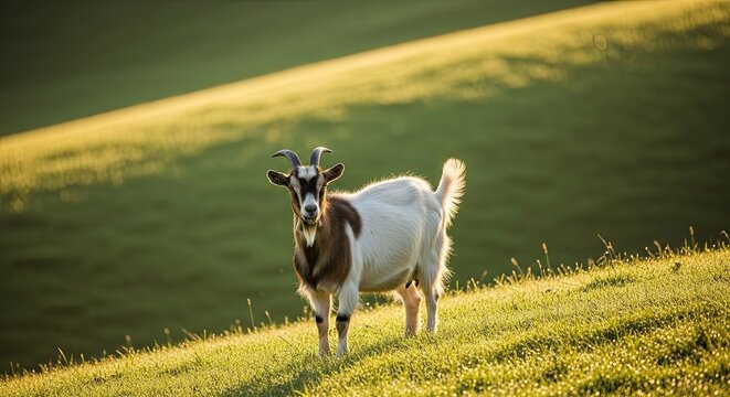 Domestic Goat Grazing on Sunny Green Hillside