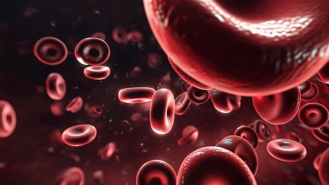 Dark human blood cell liquid animation on red background showcases blood cells in a medical science context highlighting cellular movement and interaction in a digital setting
