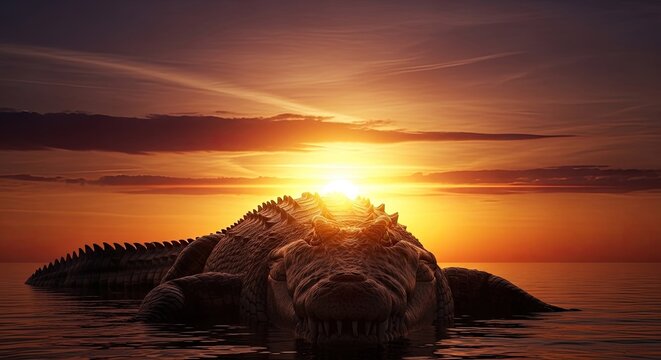 Large Crocodile Emerging from Water at Sunset