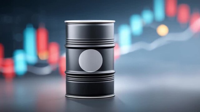 Digital tracking of black oil barrel flows with chart background showing market trends and efficient resource management insights