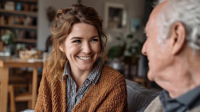 Daughter talks and shares stories with her senior father in their cozy home living room during a sunny afternoon