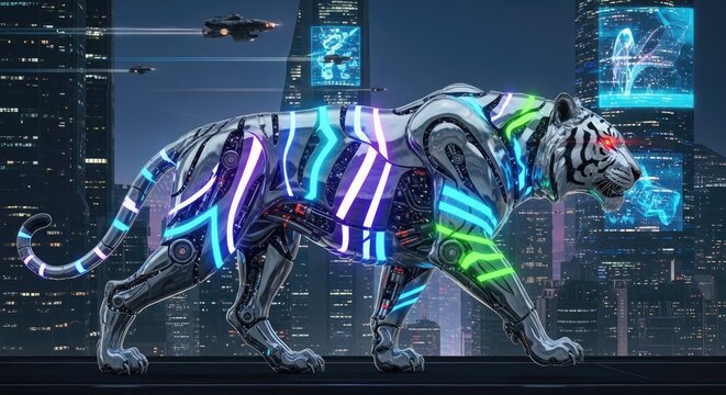 Cybernetic Tiger prowling a Futuristic Neon Cityscape