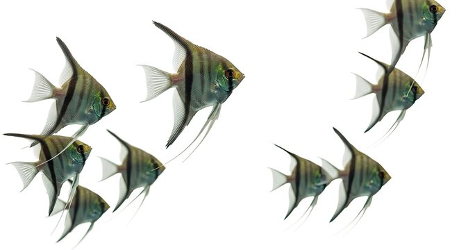 School of Fresh Water Angelfish Swimming on White Background