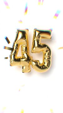 Number 45 Moving Gold Balloon Text and Falling Soft Focus Confetti With Aberration Effect. White background. Anniversary Concept. 3d 4K Rendering Looped Vertical Animation.