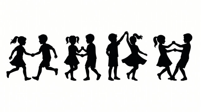 Minimal vector silhouette set of children engaged in paired dance activity, showing different expressive postures like twirl, side step, and coordinated rhythm movement