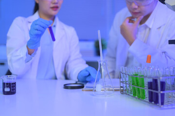 Fototapeta premium Test tubes with green and purple liquid samples in a laboratory rack, symbolizing scientific research, analysis, and experimental chemistry.