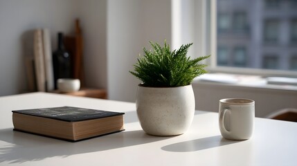 Obraz premium A minimalist still life composition featuring a potted plant open book and ceramic mug bathed in natural daylight
