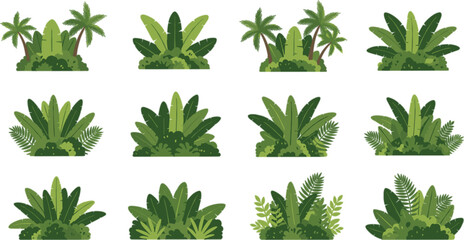  Tropical Bushes and Jungle Vegetation Vector Set Featuring Dense Green Plants, Palm Leaves and Decorative Foliage Clusters in Flat Style © munzuara
