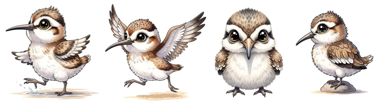 Four cute little sandpiper birds standing and playing in different adorable poses presented as isolated graphics on transparent background
