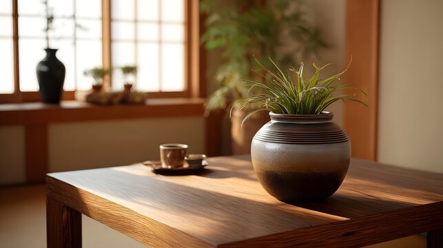 A serene indoor scene featuring a potted plant small cups and natural sunlight streaming onto a wooden table