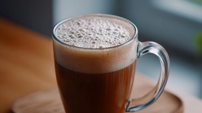 A rich dark beverage topped with creamy froth served in a glass mug resting on a rustic wooden surface