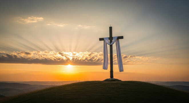 A solitary wooden cross draped in a flowing white fabric stands atop a grassy hill during a majestic sunrise, with golden sunbeams radiating through clouds across the expansive and peaceful horizon.