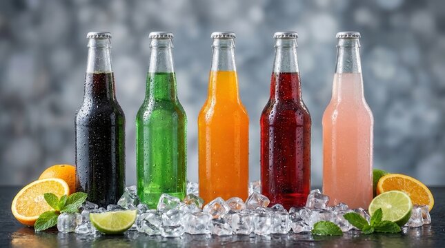 Assorted colorful soda glass bottles on ice, refreshing fruit beverages with citrus slices, chilled soft drinks collection for summer party