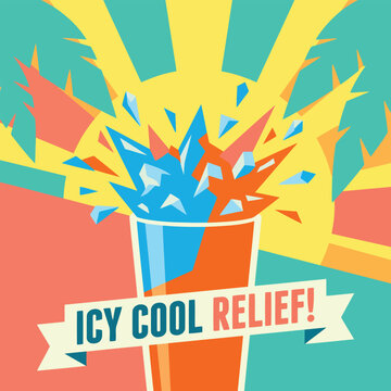 Vibrant frozen slush drink exploding with ice shards against a retro sunburst background conveying
