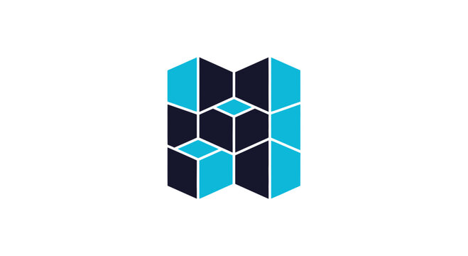 Abstract Geometric Logo Design Composed of Interlocking Blue and Black Cubes Seamlessly