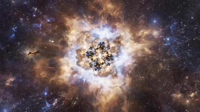 Abstract Cosmic Energy Flower Blooms in Nebula with Lightning.