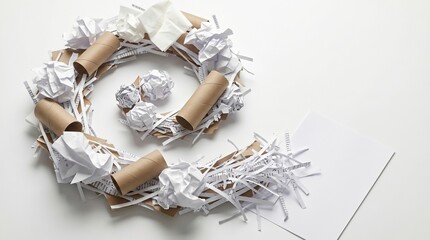 Obraz premium Wreath made of recycled paper waste and cardboard tube isolated on white background. Symbol of excessive consumption and environmental pollution. Concept of waste management and recycling.