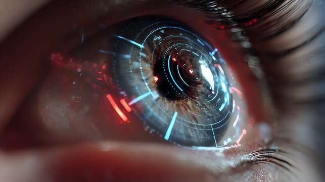 Macro shot of eye featuring holographic HUD graphics layered over pupil and cornea, neon light accents and sharp reflections, high tech cyber vision theme, ultra detailed 8k