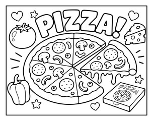 Pizza coloring page illustration featuring a delicious pepperoni meal with cheese ingredients for kids and educational activity books