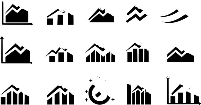 Vector set of black and white icons depicting various forms of data visualization, including growth charts, bar graphs, and abstract mountain peak designs for business and finance.