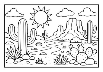 Desert landscape drawing featuring cacti mountains and sun for children coloring book page activity simple line art illustration © Hokyubi
