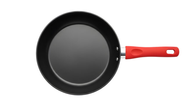 Non-stick frying pan with red handle isolated on transparent background. High-quality non-stick frying pan with red handle for cooking and kitchen use