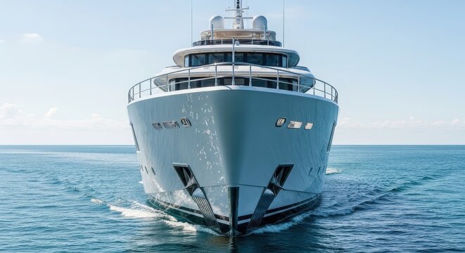 Large white yacht cruising on calm blue ocean under clear sky boat