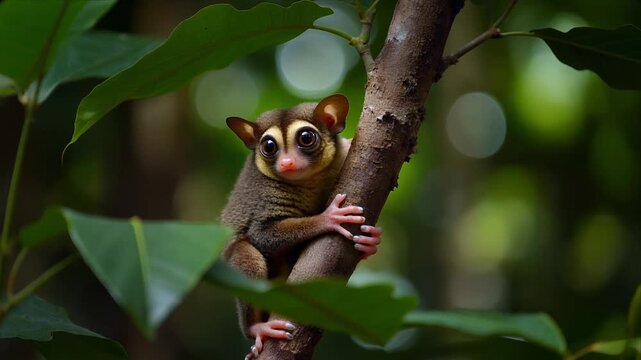 Cute small primate clinging to a tree in jungle.