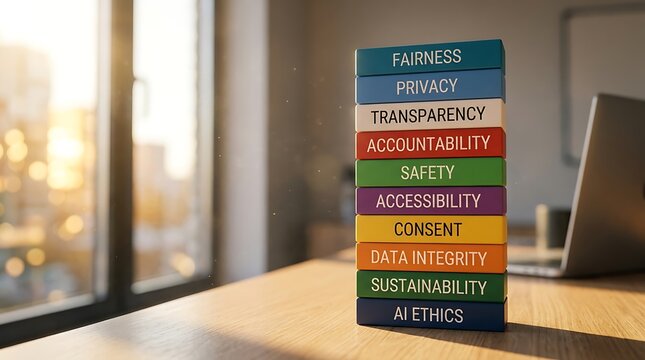 Stacked colorful blocks with AI ethics and data integrity concepts on office desk with blurred city background