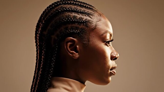 Rear side beauty portrait of a woman with cornrows hairstyle, long braided rows falling over shoulder, white high neck top, warm studio background, elegant neck line, refined hair texture focus