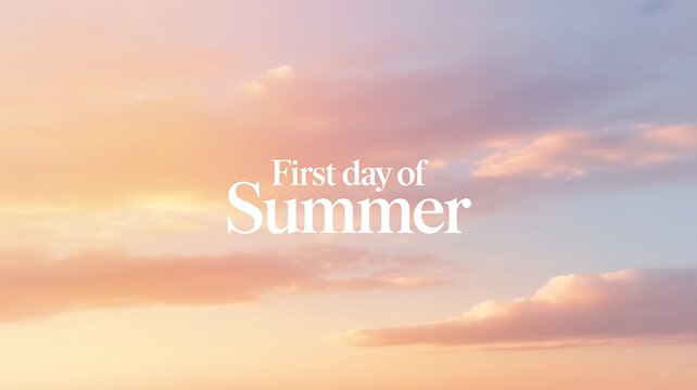 Golden sunset sky background with first day of summer white typography text overlay typography background celebrate solstice atmospheric colorful landscape greeting beginning