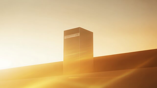 Towering monolith structure in a bright hazy sunlit landscape with golden light flares monolith skyscraper building structure architecture landscape abstract mystical ethereal silhouette