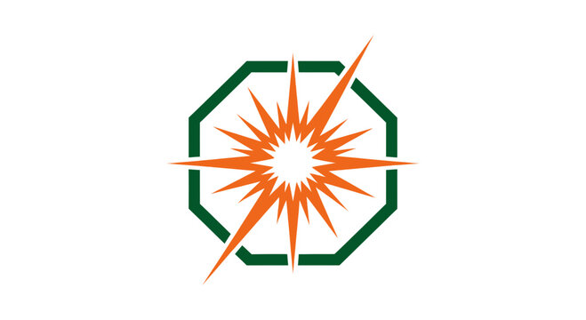 Abstract Geometric Starburst Logo Design With Green Octagon Frame And Orange Details