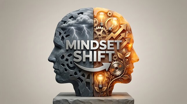 Human heads side view with mindset shift concept showing transformation from stormy gloom to bright innovation and growth with light bulbs and gears