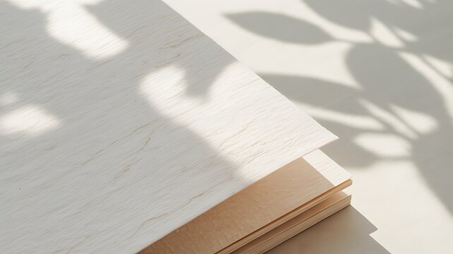 Wooden surface with leaf shadows and stacked paper layers shadow pattern home decor wood texture background abstract minimalist natural light interior close up botanical geometry contrast