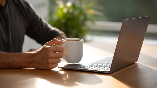 Engaging in focused work on a laptop while enjoying a warm beverage on a bright wooden desk