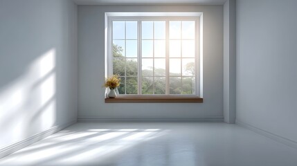 Fototapeta premium Minimalist room corner illuminated by dramatic natural sunlight streaming through a large window enhancing the clean airy space
