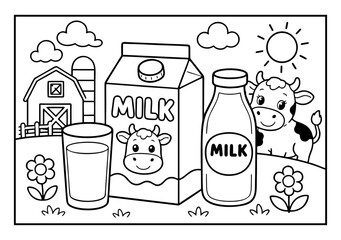 A cute, farm-themed coloring page featuring a cow, barn, and various milk containers under a sunny sky. © Hokyubi