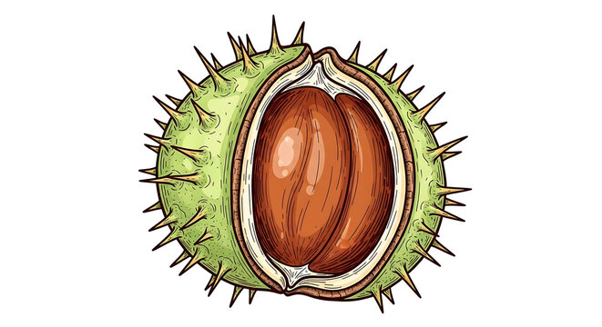 A single open horse chestnut pod revealing its brown seed inside, with spiky green husk, drawn in a rustic, hand-sketched style