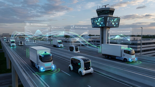 AI-powered autonomous trucks on a futuristic highway, demonstrating interconnected smart logistics for urban mobility and efficient transport
