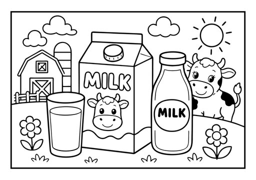 A cute, farm-themed coloring page featuring a cow, barn, and various milk containers under a sunny sky.